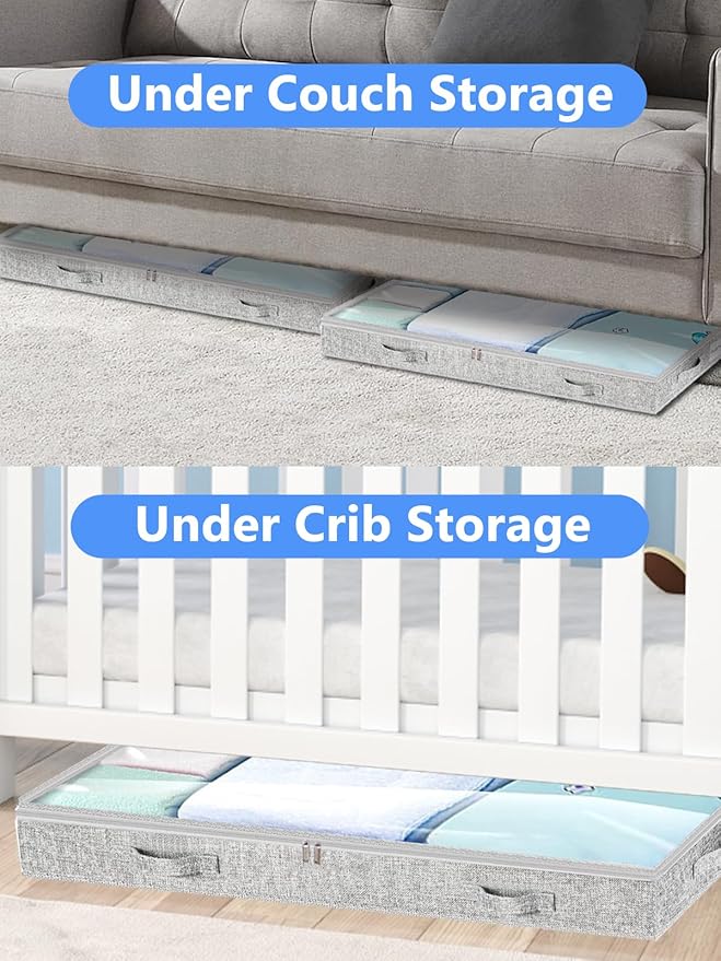 Low Profile Under Bed Storage, 3-Inch High Foldable Underbed Storage Bins with Lid & Zipper, No Structure, Super Slim Clothes Organizer for Crib Dorm Couch Low Bed, 8-Pack, Clear Top