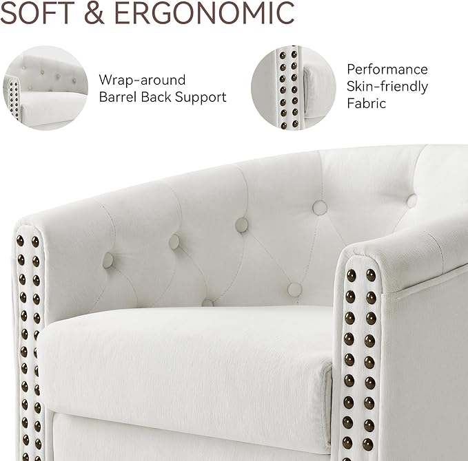 Swivel Barrel Accent Chair,Round Nailhead Chenille Fabric Living Room Arm Chairs,Modern Upholstered Comfty Reading Nook Chairs for Bedroom,Small Club Armchair,Single Sofa Side Chair,Ivory White