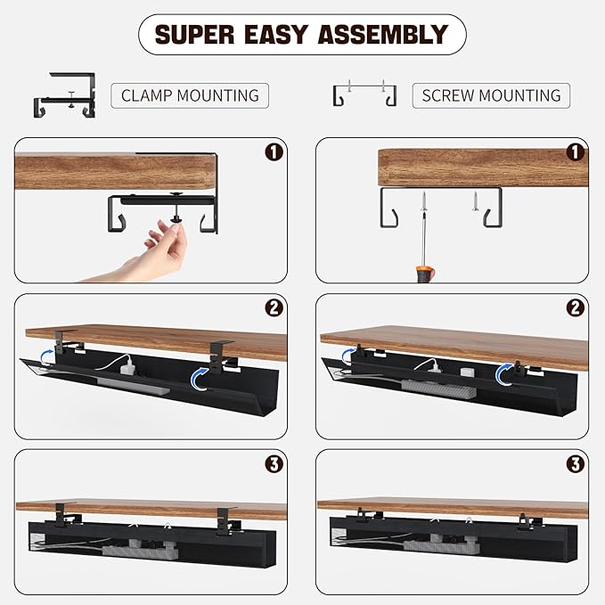 No Drill Under Desk Cable Management Tray, Nonkky Cable Management Under Desk, 27.6" Fabric Cord Hider - Clamp/Screw Mount, Cord Organizer for Office, Home - Supports Up to 40lbs