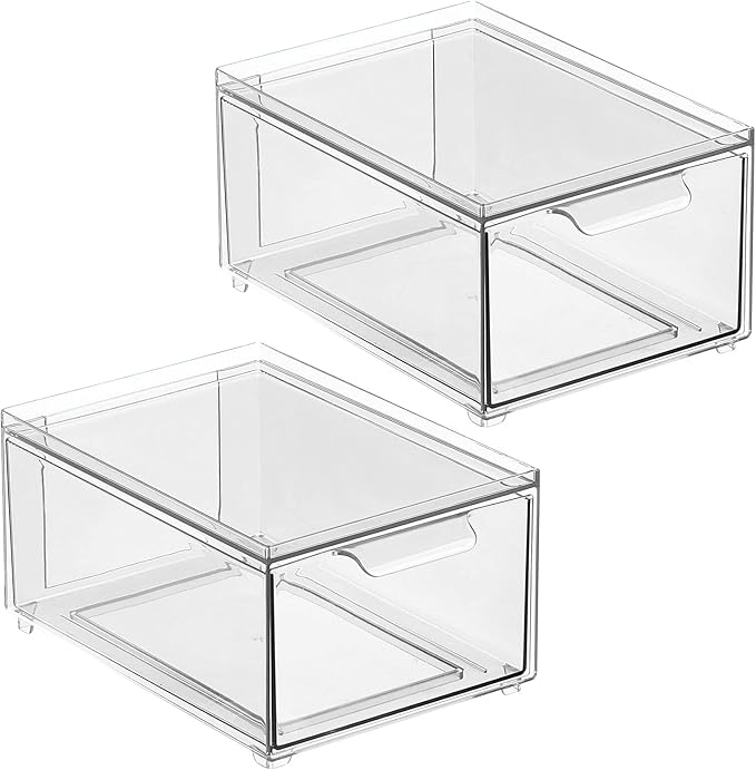 mDesign Stackable Storage Containers Box with Pull-Out Drawer - Stacking Plastic Drawers Bins for Kitchen Pantry and Cupboard, Cabinet, Counter, Island and Tables - Lumiere Collection - 2 Pack - Clear