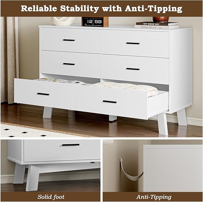 Dresser for Bedroom with 6-Drawer, 47.2" Modern Chest of Drawers with Metal Handles, X-Shape Base & Adjustable Center Leg, Anti-Tip Closet Organizers and Storage