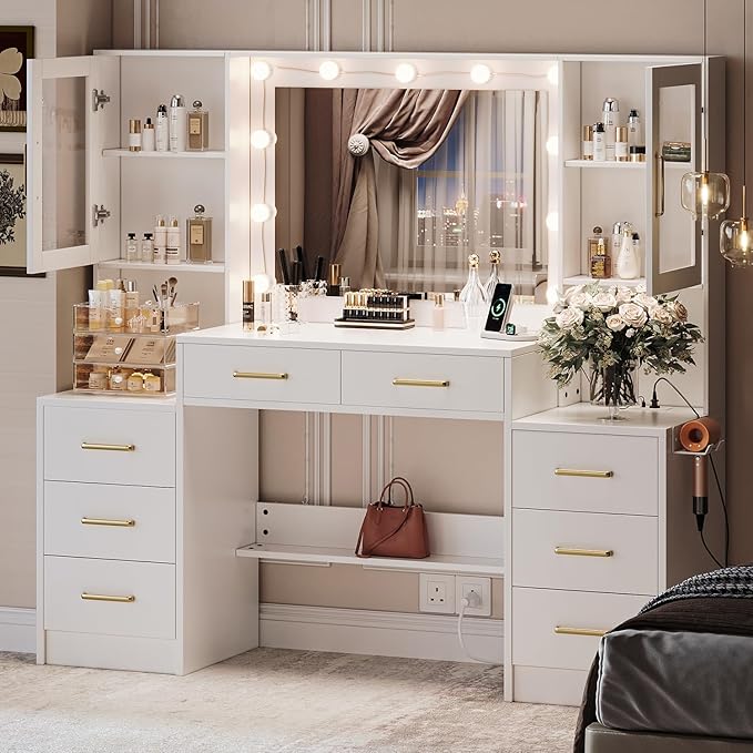 58.3”Vanity Desk with Mirror and Charging Station, Bedroom Dressing Table, Large Vanity Set, 8 Drawers and 2 Cabinets, Makeup Vanity Table with Charging Station, Without Lights