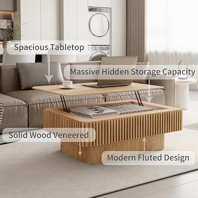 LKTART Lift Top Coffee Table for Living Room, Accent Fluted Coffee Table with Storage, Modern Solid Wood Veneered Rectangle Center Tea Table for Small Space Apartment (38.6''D×14''H-Natural)