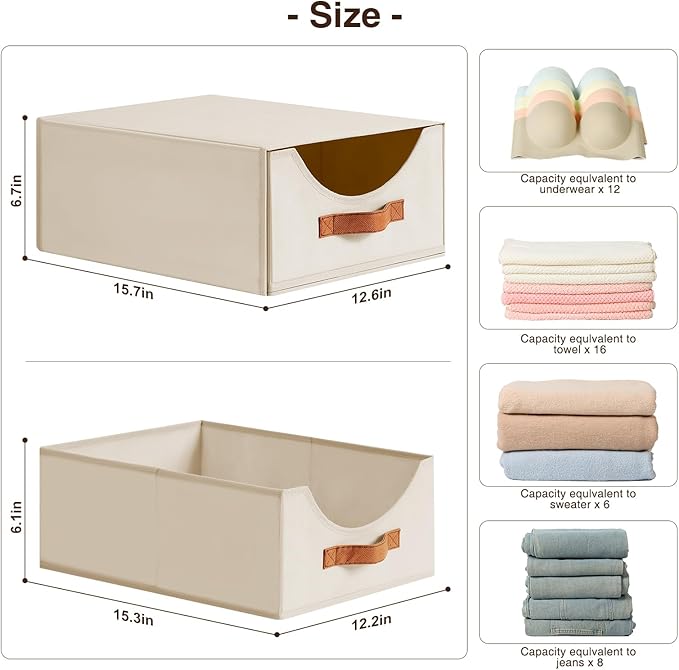 Large Closet Organizers and Storage - Stackable Storage Bins with Drawer, Fabric Containers for Organizing, Collapsible Organizer Bins for Bedroom, 8 Pack, Beige