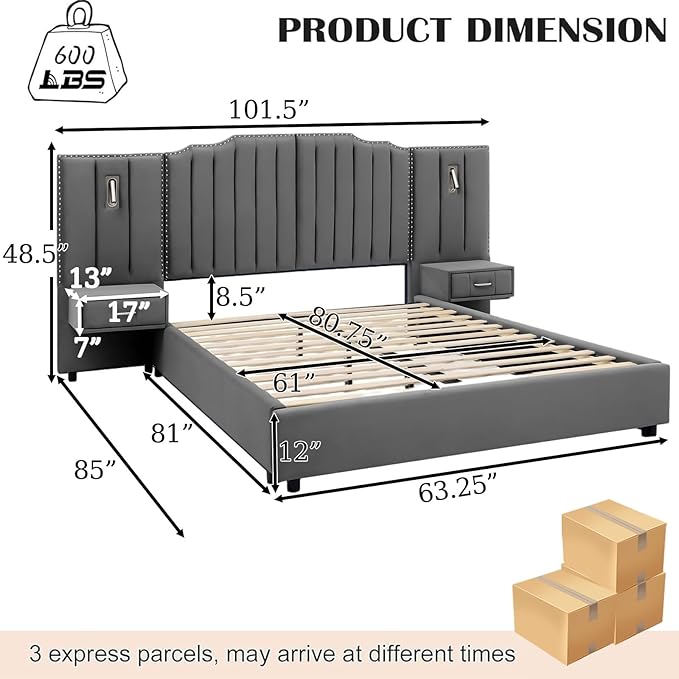 Luxury Queen Bed Frame with Headboard and Storage, Velvet Fabric Upholstered Platform Bed Frame Queen Size with LED Lights, Solid Frame & Bedside Table, No Box Spring Needed, Gray
