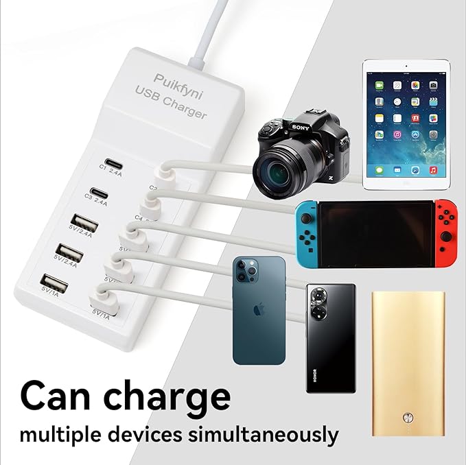 Puikfyni Portable USB C Charging Station,4 -C- Ports, USB Charging hub 10-Ports/USB c Charger Block for Multiple Devices Phones Tablet Smartwatch Headphones Speakers (USB-4C+6A)