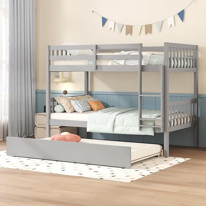 Bellemave Twin Over Twin Bunk Bed with Trundle,Convertible Bunk Beds with Ladder & Safety Guardrails,Twin Size Bunk Beds for Kids Girls Boys,Grey