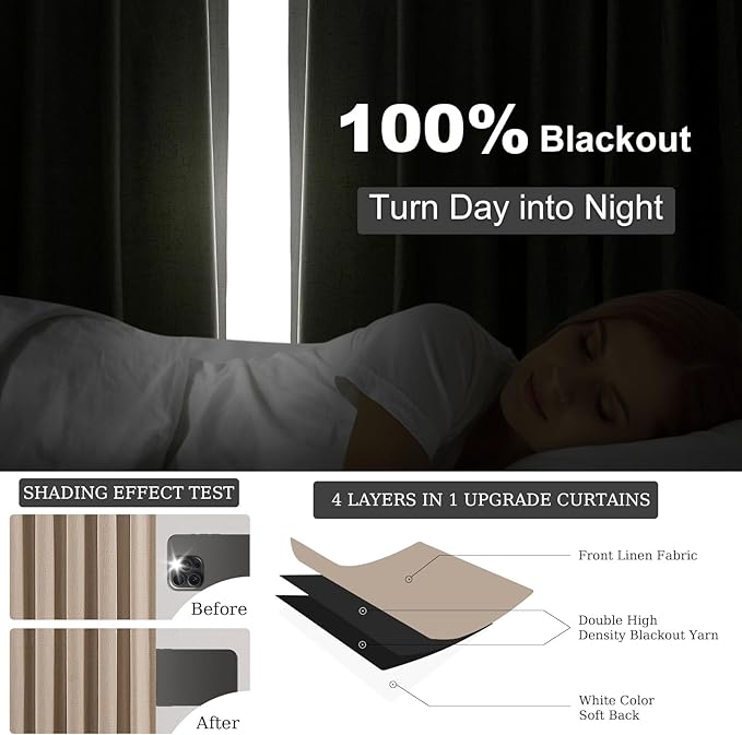 Topfinel Pinch Pleated Curtains 96 Inch Long, 100% Blackout Thermal Insulated Brown Natural Linen Pinch Pleat Viral Drapes with Hooks Rings 2 Panel Sets, Taupe Tan 8FT Back Tab Window Curtains