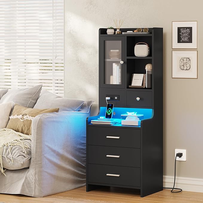 ADORNEVE Black Night Stand Set of 2 with Charging Station,49.2" LED Nightstand for Bedroom,Tall Bedside Table with Bookshelf and Drawers,Side Tables Bedroom,13.8" D x 17.7" W x 49.2" H