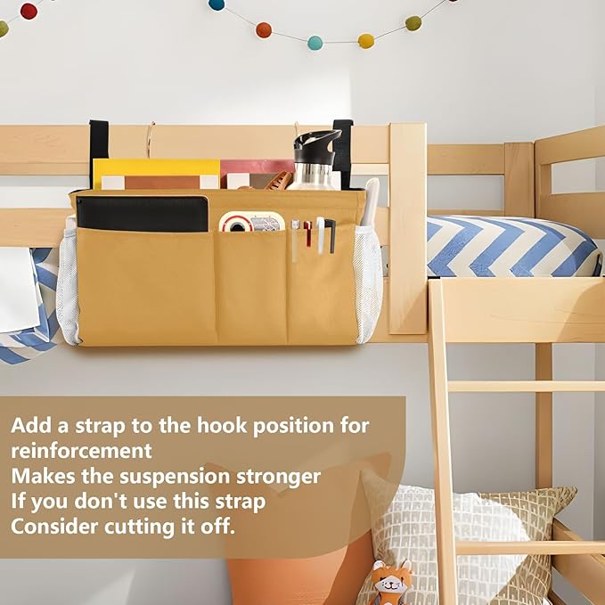 KOPIRIT Mustard Yellow Bedside Caddy Storage Bag Bedside Organizer for Bunk Bed Headboards College Hanging Bag Bedside Shelf 6 Pockets with Hooks for Magazine Water Bottle Holder