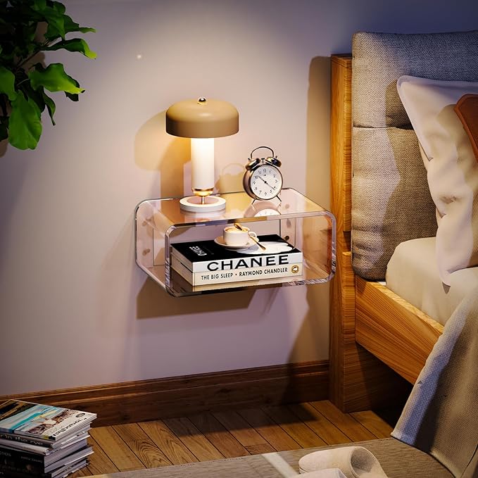 Acrylic Floating Nightstand, Bedside Table, Nightstand Shelf Wall Mounted Bedside Shelf (Clear, Small)