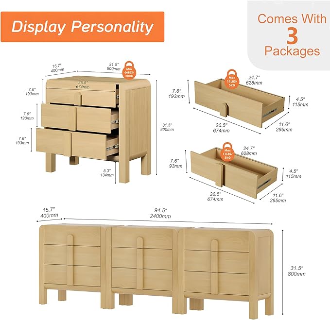WAMPAT 3 in 1 9 Drawer Dresser for Bedroom, 94.5" Wide Mid Century Modern Wide Chest of Drawer, Wood Tall Nightstand with Curved Edge Handles, Closet Dresser TV Stand for Bedroom, Oak