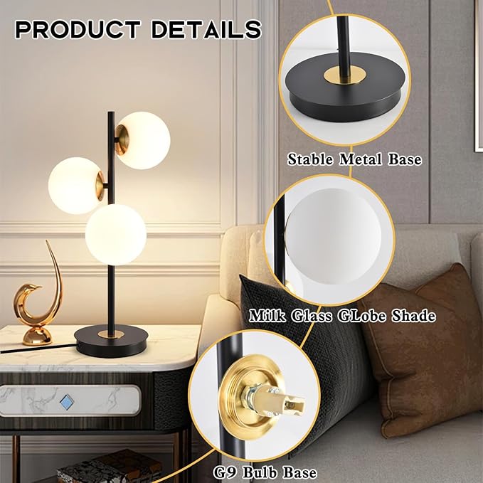 3-Light Black and Gold Table Lamp, Milk White Glass Globe Table Lamp for Nightstand, Mid Century Modern Bedside Lamps for Bedroom Living Room Office, G9 Base (Bulbs Not Included)