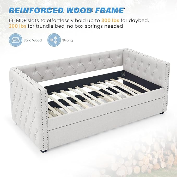 Antetek Daybed with Trundle, Upgraded Linen Upholstered Twin Size Day Bed Button-Tufted Sofa Daybed Frame with A Trundle,No Box Spring Needed,Furniture for Bedroom Living Room Guest Room (Beige, Twin)