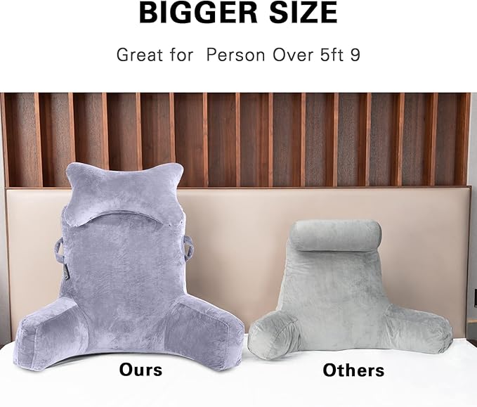 Reading Pillow-Extra Large 31" Bed Rest Pillow with Detachable Neck Roll & Arms for Sitting in Bed or Couch-Backrest Reading Pillow Adult Back Pillows for Reading/Watching TV/Gaming/Relaxing-Grey