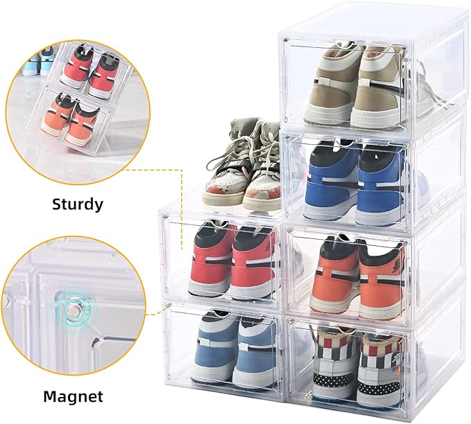 KEFA XL Shoe Storage Box, 8 PACK Shoe Boxes Clear Plastc Stackable Organizer, Clear Plastic Shoe Boxes Fit for US 15 (8 PACK BLACK)