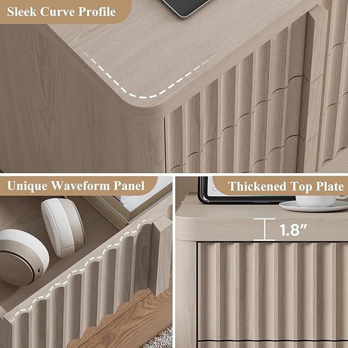 Fluted Nightstand Set of 2 with Charging Station, 23.6" Wood End Table with Solid Wood Handle, Mid Century Moden Bedside Table 3 Drawer Dresser for Bedroom, Living Room, White Alder