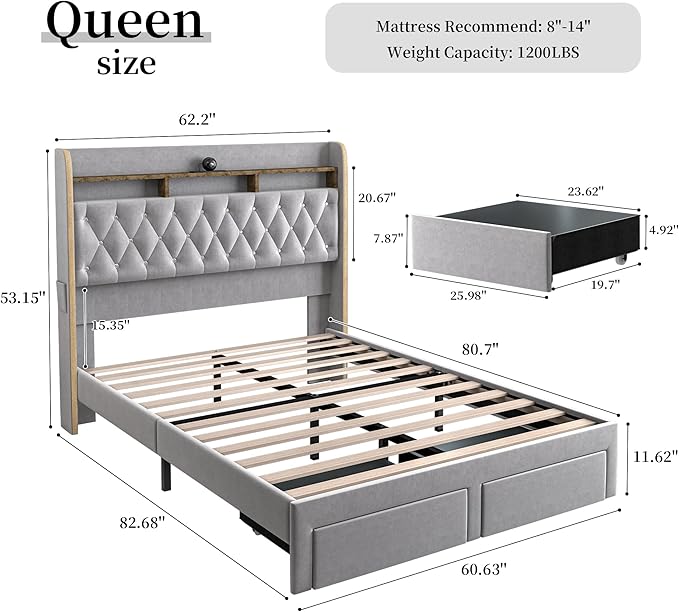 Queen LED Bed Frame with Storage Drawers, Velvet Upholstered Platform Beds with Galaxy Star Projector Charging Station, Aurora Bedframe with 2-Tier Storage Headboard, No Box Spring Needed, Grey