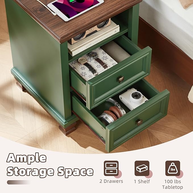 SAVOR LIFE Farmhouse Nightstand with Charging Station, Rustic Green Nightstand,2 Drawers End Table for Living Room,Bedside Table with Open Shelf for Bed Room,Green