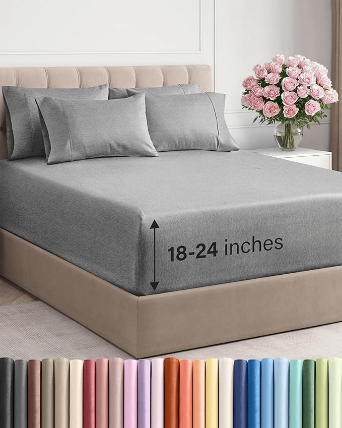 Extra Deep King Sheet Set - 6 Piece Breathable and Cooling Sheets - Hotel Luxury Bed Sheets Set - Easy Fit - Soft, Wrinkle Free and Comfy Sheets Set - Heathered Grey Sheet Set with Extra Deep Pockets