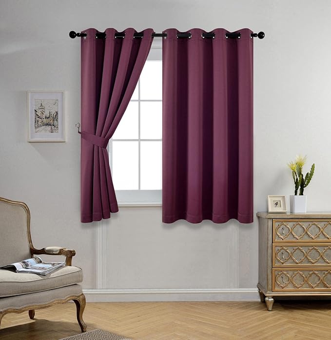 MIUCO Room Darkening Grommet Blackout Curtains for Livingroom Curtains Panels Set of 2 52x63 Inch Aubergine, Bonus 2 Tie Backs Included