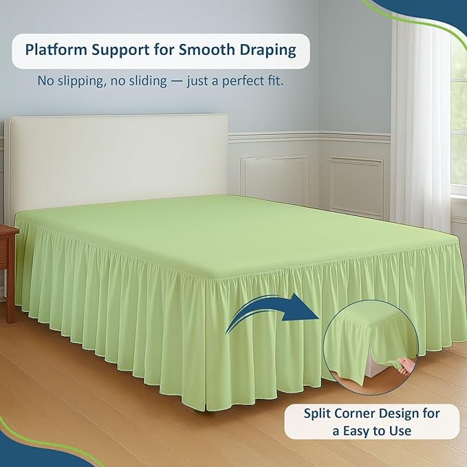 Rajlinen Ruffled Bed Skirt King, 24 Inch Drop Dust Ruffle with Split Corners, 100% Microfiber Bedskirt with Platform, Three-Sided Coverage Ruffled Gathering Design, Sage