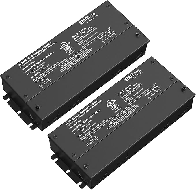 EMITEVER Dimmable Led Driver, 2 Packs 100W AC 110V-277V to DC 24V Transformer, 5-in-1 Dimming: ELV/MLV/TRIAC / 0-10V / 1-10V / 10V PWM/Potentiometer, Waterproof IP67 and UL Listed