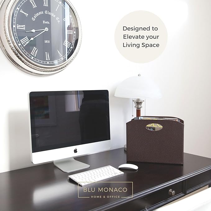 BLU MONACO | Brown Woven Leather Magazine Holder | Storage Basket with Handles for Office Living Room or Bathroom | Vertical Magazine File Organizer