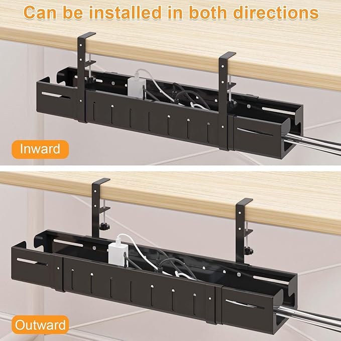 REALINN Under Desk Cable Management Tray Black, Expandable 25.27"-38.66" Sturdy Steel Desk Cord Hider Raceway for Office/Home