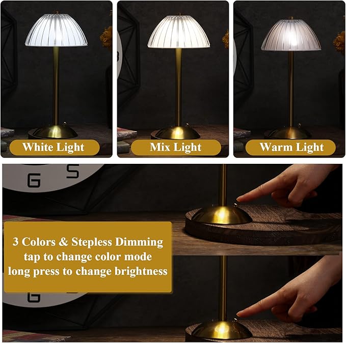Liliful 4 Pcs Cordless Table Lamp Rechargeable Touch LED Small Gold Portable Battery Operated USB-c Desk Lamp 3 Color Dimmable for Bedroom Living Room Dining (Gold,Mushroom Style)