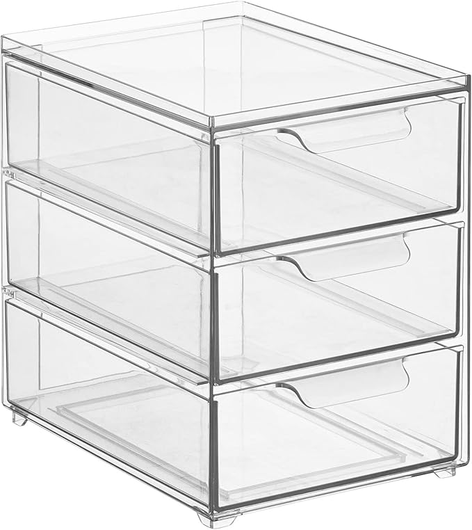 mDesign Plastic Stackable Organizer with 3 Drawers - Pull-Out Drawer Storage Bin for Bathroom Sink/Cabinet Organization - Perfect for Makeup, Small Towels, and More - Lumiere Collection, Clear