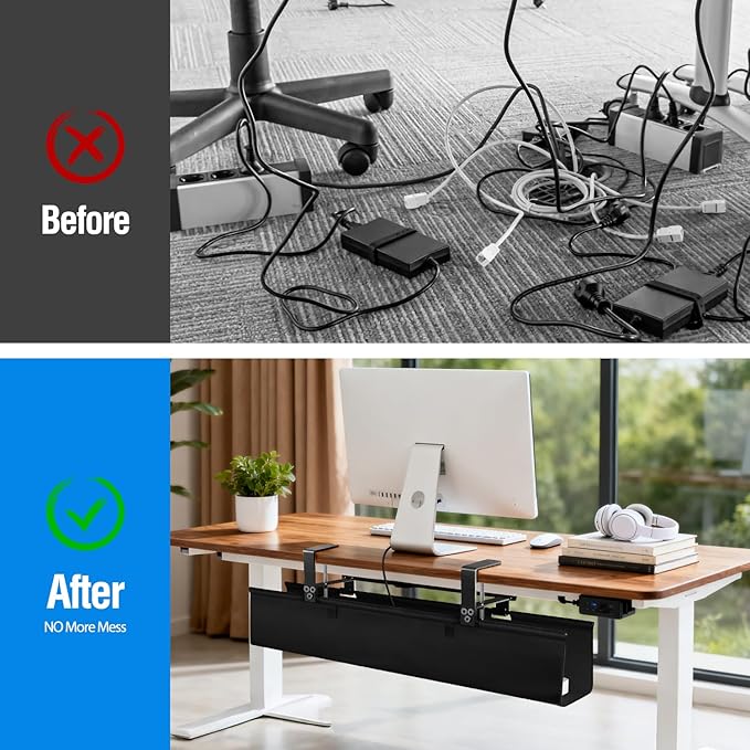 Under Desk Cable Management Tray - Heavy Duty No-Drill Clamp & Screw Mount, 36-Inch Cord Organizer for Home Office, Gaming Setup & Study Room, Holds Power Strip & Large Adapters