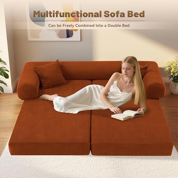 Convertible Futon Sofa Bed,80" Folding Pull Out Couch Bed with Storage,Queen Sleeper Sofa Bed,Compressed Couch in a Box,Corduroy Boneless Couches for Living Room,Orange