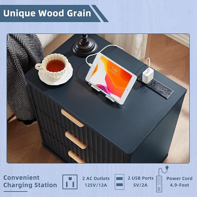 LEYAOYAO 42" Tall Fluted Dresser and 3 Drawers 23" Nightstand Set of 2, Wooden Dresser & Night Stand with Charging Station, 3 Piece Bedroom Furniture Set, Chest of Drawer for Living Room,Navy Blue