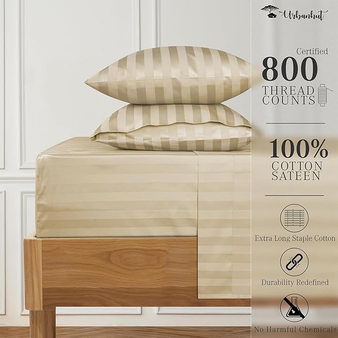 URBANHUT 800 Thread Count 100% Cotton Damask Twin Size Sheets, 4 Piece Striped Twin Size Bedsheets, Luxury Hotel Sheets Sateen Weave - Better Than Egyptian, 14" Elasticized Deep Pocket- Sand