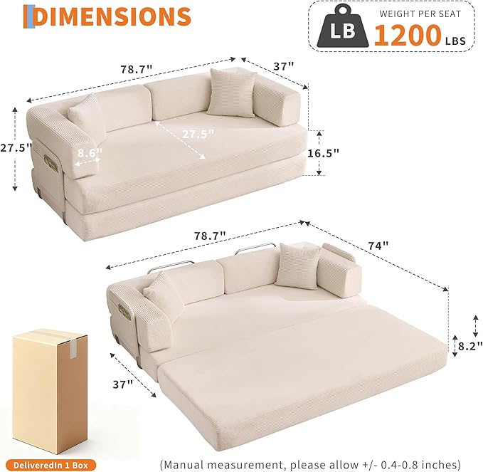 Garvee 5-in-1 Convertible Sofa Bed, 78.8" Modular Corduroy Sleeper with Sturdy Frame & No Assembly, Multi-Functional Futon for Small Space, Living Room & Guest Room (Beige)