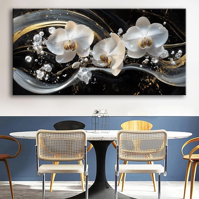 White Orchid Canvas Wall Art - Modern Floral Picture for Living Room, Bedroom Wall Decor, Framed Wall Art for Home Decoration, Elegant Flower Paintings Ready to Hang, Large Wall Art 60x120cm(24x48in)