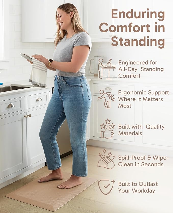 Ophanie Kitchen Mats for Floor, 3/4 inch Thick, 17x28 Anti Fatigue Cushioned Mat, Kitchen Rugs, Waterproof, Comfort Ergonomic Standing Mat for Office, Home, Sink, Beige Non-Slip Ridged Bottom