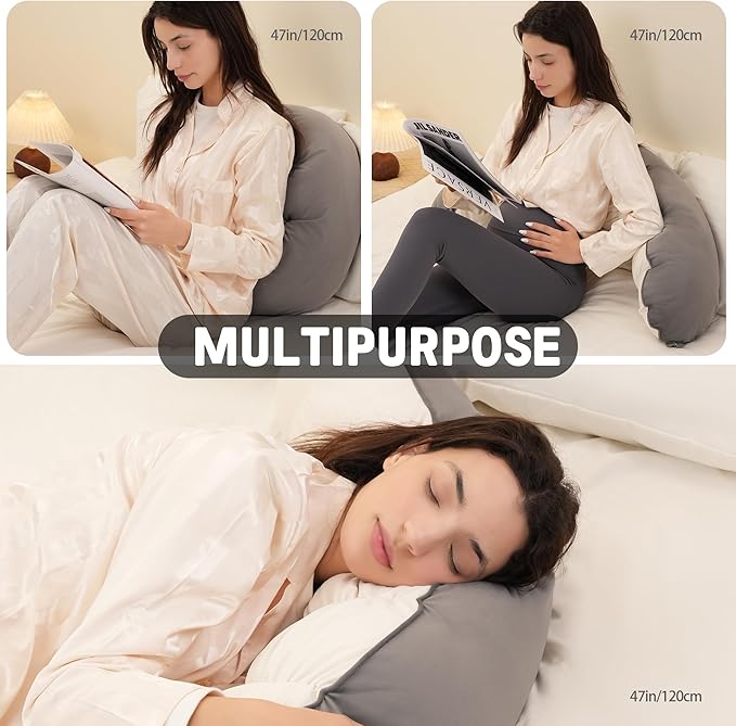 Peallow(Pat. Pend) – Long Round Body Pillow for Adults, Bolster Pillow for Sleeping, Soft and Supportive Pillow for Sleeping & Lumbar Support (Gray-White, 47")