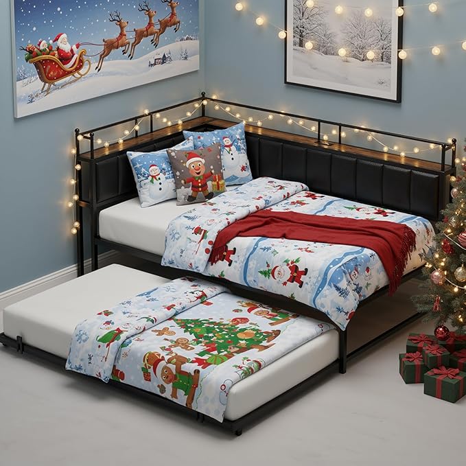 LIKIMIO Daybed with Trundle, Twin Corner Bed Fram with Bedside Storage,Sofa Day Bed for Living Room, Bedroom and Guest Room,Black