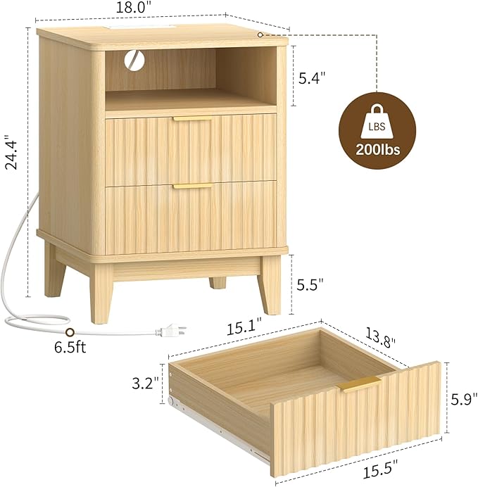 Night Stand with Charger Station, Fluted Nightstand with Drawers and Storage Shelf, Mid Century Modern Bedside Table Nightstands, Large Bed Side Table Wood Night Stands for Bedroom Living room