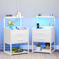 VIAGDO Nightstands Set of 2 with Charging Station, LED Night Stand with 2 Drawers, White Modern Bedside Tables with Open Storage Shelves, End Side Tables for Bedroom, Office