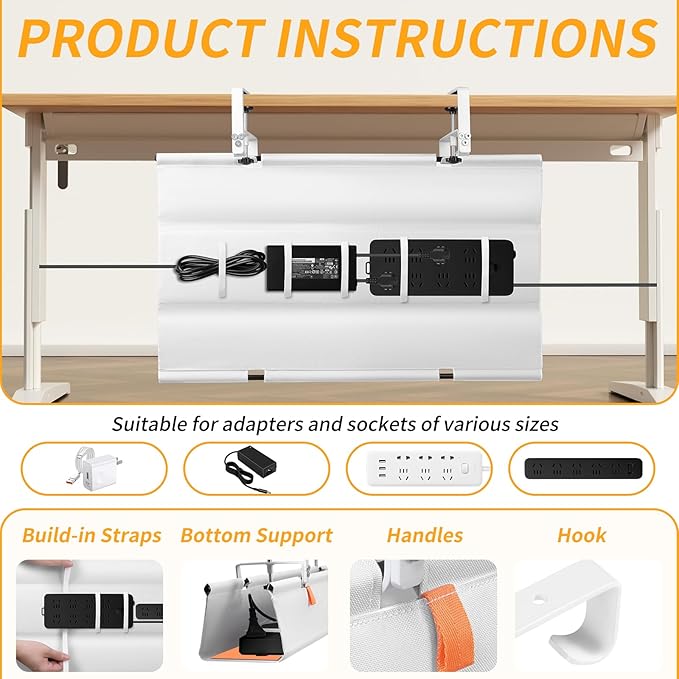 No Drill Under Desk Cable Management Tray, 28" Cord Organizer with Clamp, Fabric Cable Management for Standing Desks, Ideal for Home & Office - White