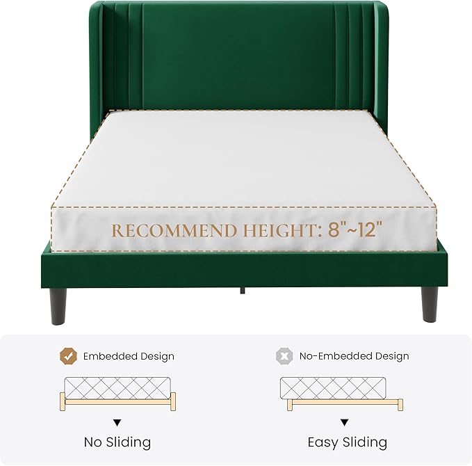 SHA CERLIN Full Size Velvet Upholstered Platform Bed Frame with Vertical Channel Tufted Wingback Headboard, Wooden Slats Support, Easy Assembly, Under Bed Storage, No Box Spring Required, Green