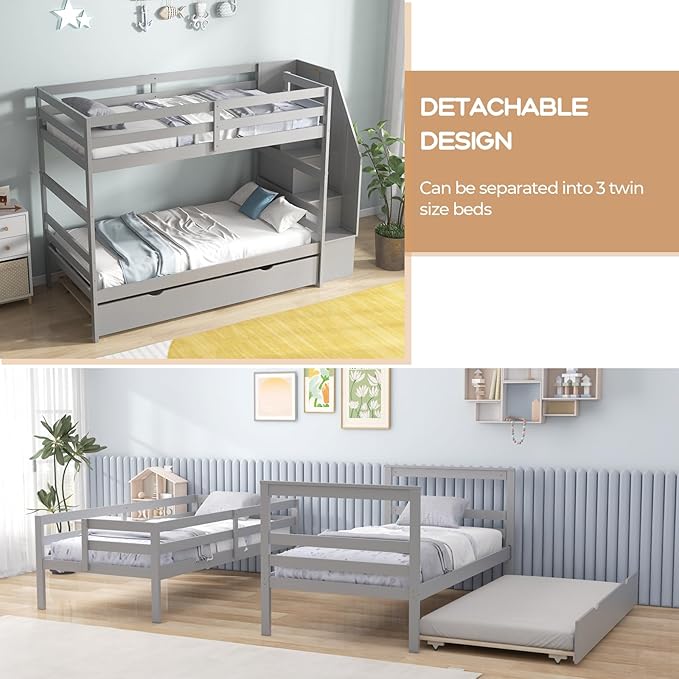 KOTEK Twin Over Twin Bunk Bed with Trundle and Stairs, Solid Wood Bunk Bed Frame with Storage Shelf, Bunk Beds Detachable into 2 Platform Beds for Kids Teens Adults (Grey)