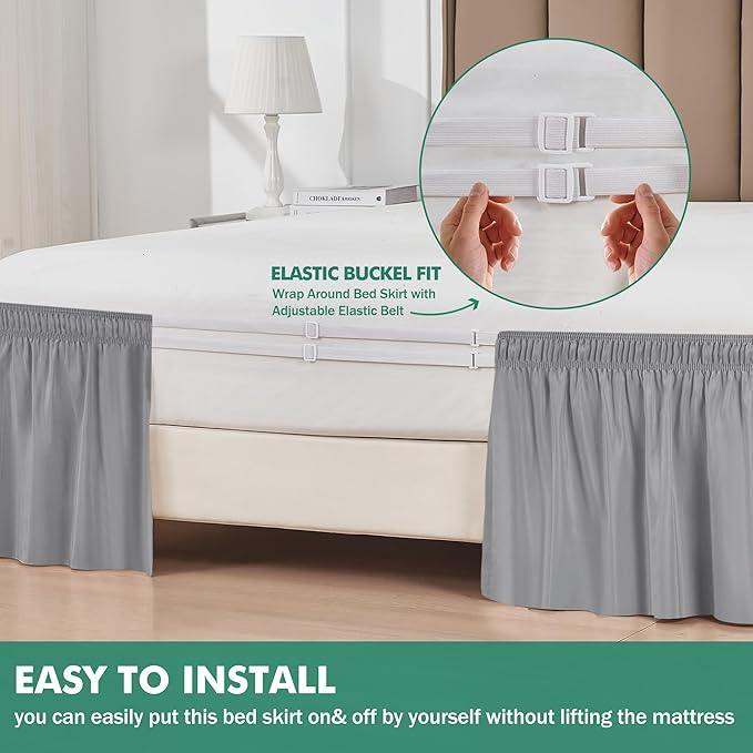 Biscaynebay Wrap Around Bed Skirts with Split Corners for Full Beds 15" Drop, Silver Grey Adjustable Elastic Dust Ruffles Easy Fit Wrinkle Resistant Silky Luxurious Fabric Machine Washable