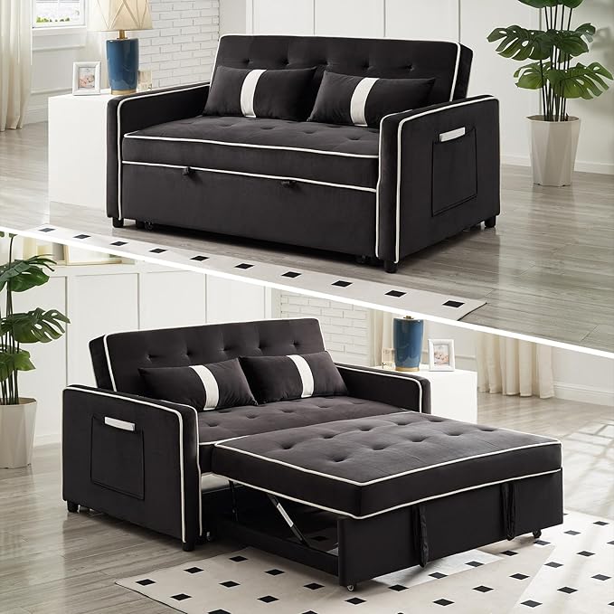 Convertible Sofa Bed, 3-in-1 Loveseat Futon Sofa Bed with 3-Position Adjustable Backrest & Side Pocket, Modern Velvet Fabric Pull Out Couch for Living Room, Small Spaces (Black)