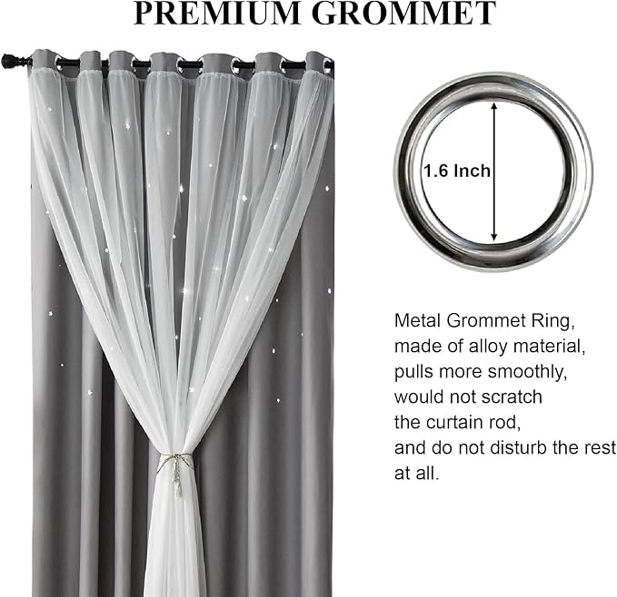 Star Curtains Double Layer Curtains Blackout Curtains for Bedroom Kids Curtains Cute Curtains, Curtains 72 Inches Long 2 Panels Set, Grey Curtains, 42 X 72 Inches