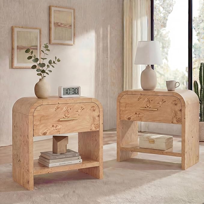 Night Stand Set of 2 [Unique Curved Profile] [FSC-Certified Wooden Board] 1-Drawer and 1 Storage Shelf Nightstand 24" H Metal Handle Modern Bedside Table Side Table End Table