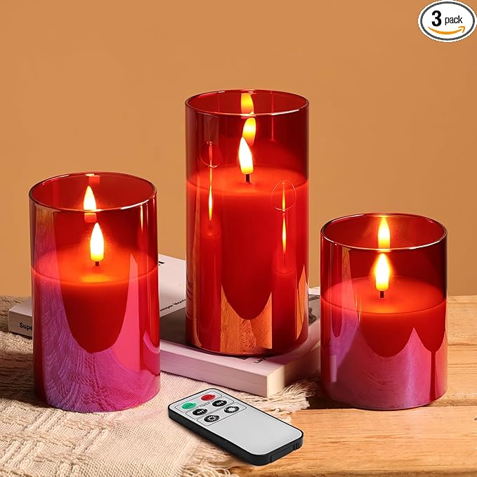 Eywamage Red Glass Flameless Pillar Candles with Remote, Flickering Christmas Battery LED Candles Holiday Decor Set of 3